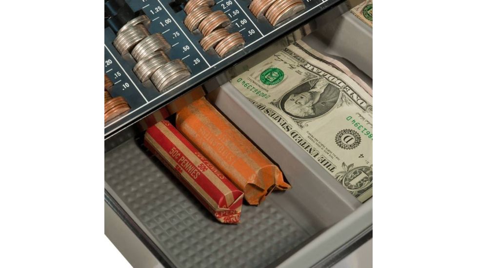 Barska 12in. Cash Box w/ 6 Compartment Coin Tray, Key Lock, Close Up and In Use CB11790