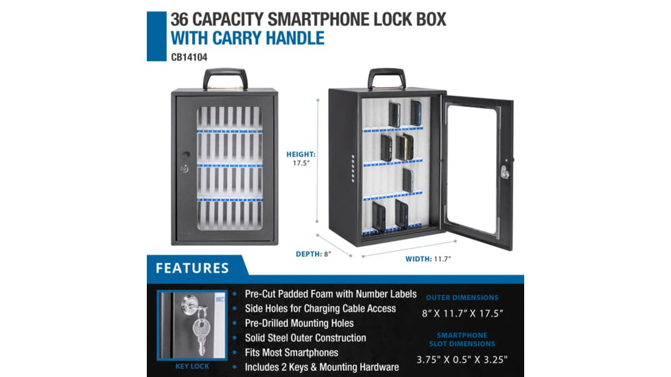 Barska 36 Capacity Smartphone Lock Box w/Key Lock and Carry Handle, Black, Medium, CB14104