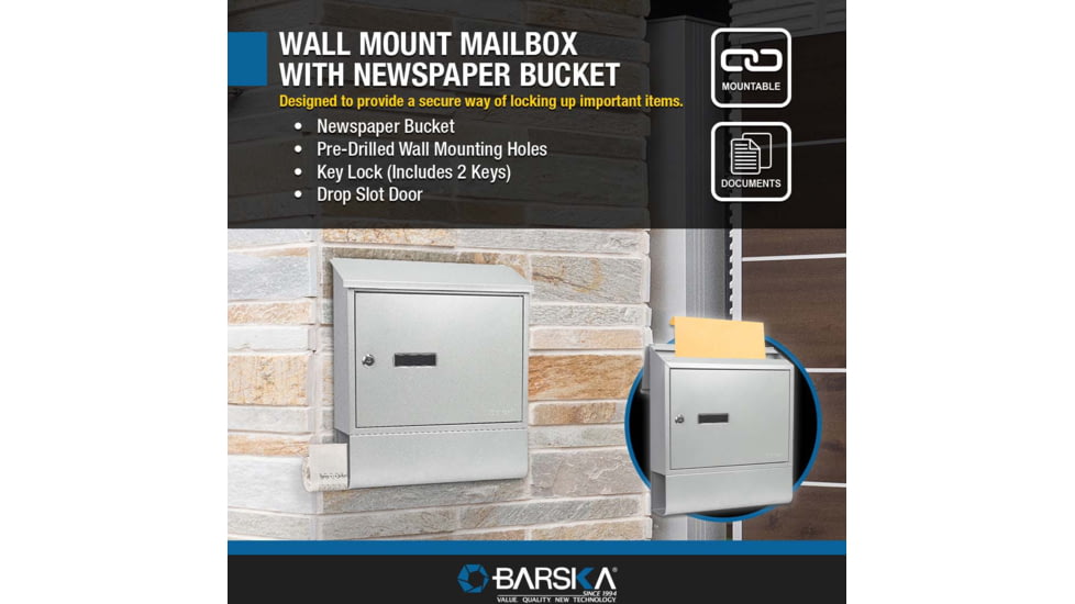 Barska Contemporary Wall Mount Mailbox. 10in Width, Gray, Medium, CB13698