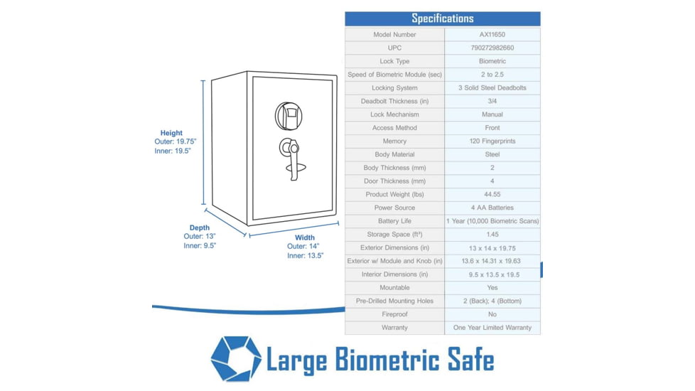 Barska Large Biometric Fingerprint Scanner Safe, 14in x 13in x 19.75in Exterior AX11650