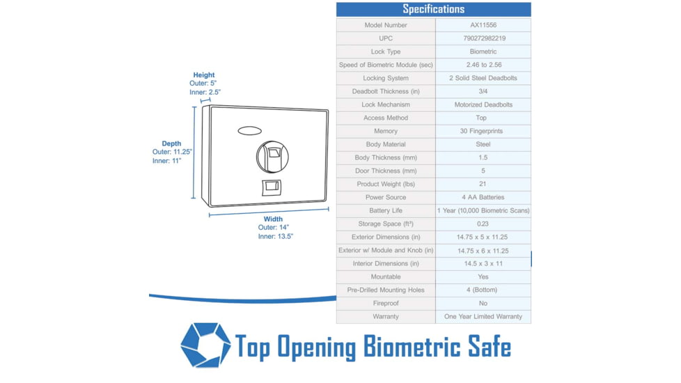 Barska Top Open BioMetric Safe, Black, 14.75x11.25x5in Exerior AX11556