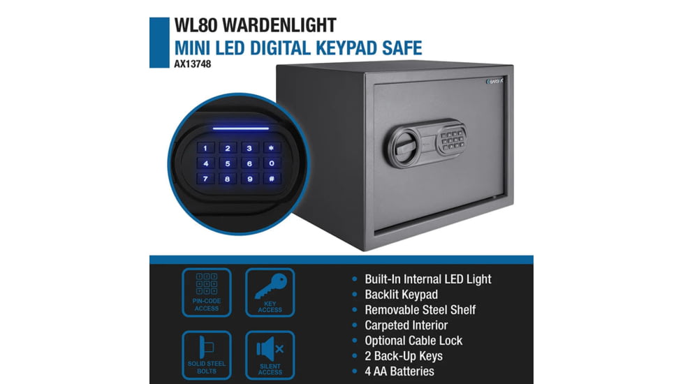 Barska WL80 WardenLight 0.8 Cu. ft Digital Keypad Safe with Interior LED Light, Black, Small, AX13748
