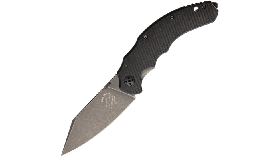 Bastinelli Creations Dragotac Compact Framelock Folding Knife, 3.63in Black Stonewash D2 Tool Steel Blade, Finger Grooved Handle, Black G10 Front Handle With Stonewash Titanium Back Handle, BAS209B