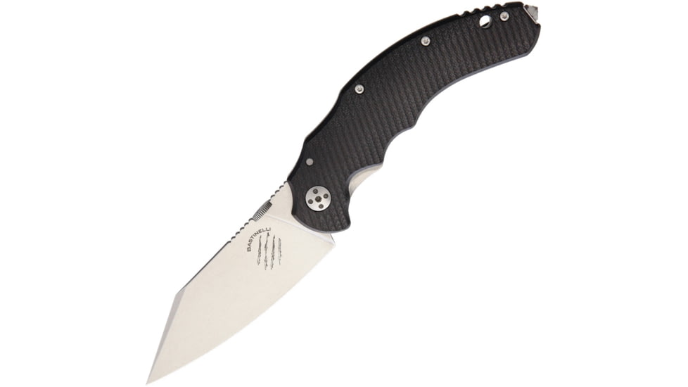 Bastinelli Creations Dragotac Compact Framelock Folding Knife, 3.63in SW D2 Tool Steel Blade, Finger Grooved Handle, Thumb Stud, Black G10 Front Handle With SW Titanium Back Handle, BAS209