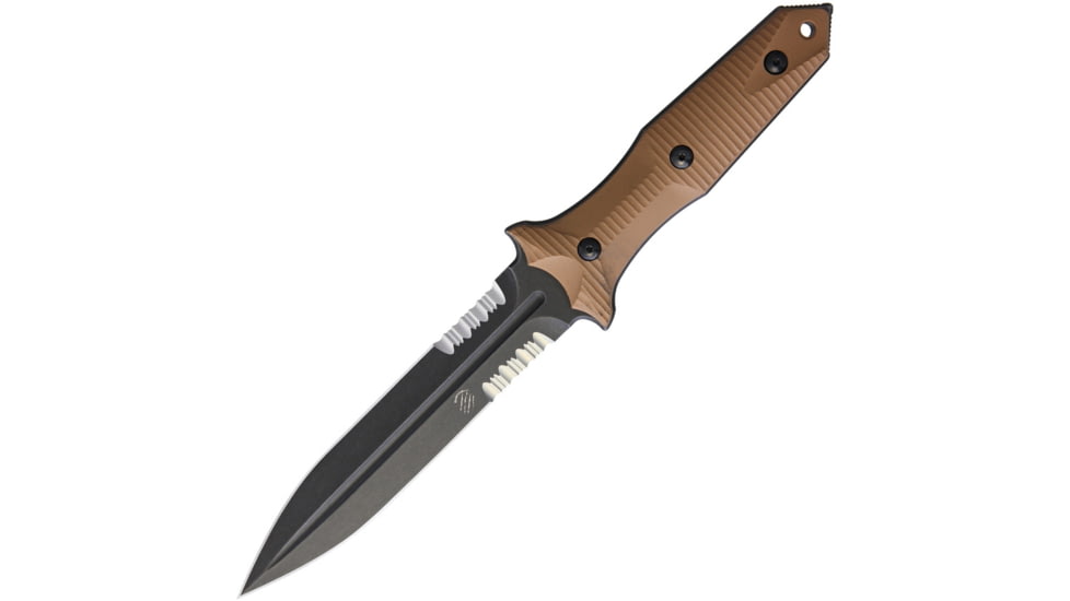 Bastinelli Creations Grozo Fixed Blade Coyote Knife, 11in Overall, 6in Black SW Partially Serrated N690 SS Spear Point Blade, Coyote Brown G10 Handle, Black Kydex Sheath, BAS214CS
