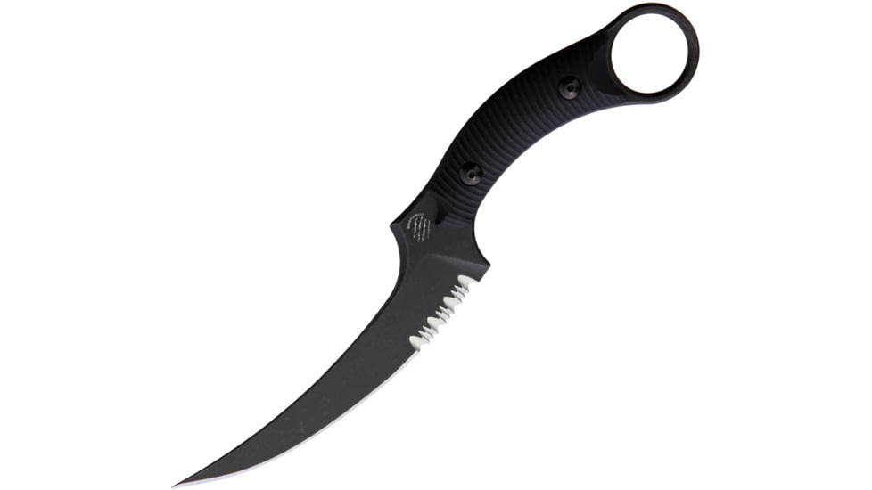 Bastinelli Creations Mako Fixed Blade Serrated Knife, 5 black stonewash finish partially serrated Bohle, Black grooved G10 handle, MAKO FIXED BLADE SERRATED
