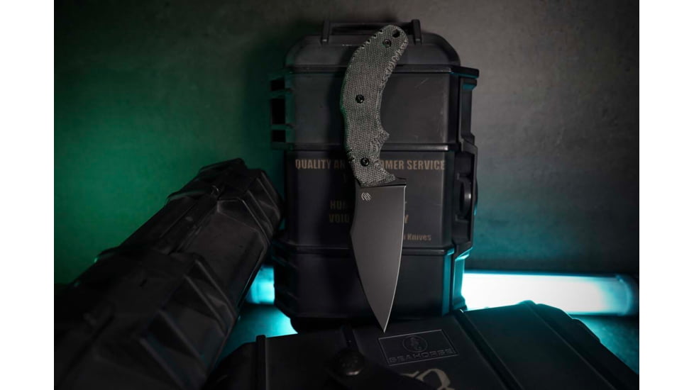 Bastinelli Creations The Foreigner Black PVD Fixed Blade Knife, 7.38in Overall, 3.38in Black PVD Bohler M390 Stainless Steel Blade, Black Canvas Micarta Handle, Black Kydex Sheath, BC-34 PVD