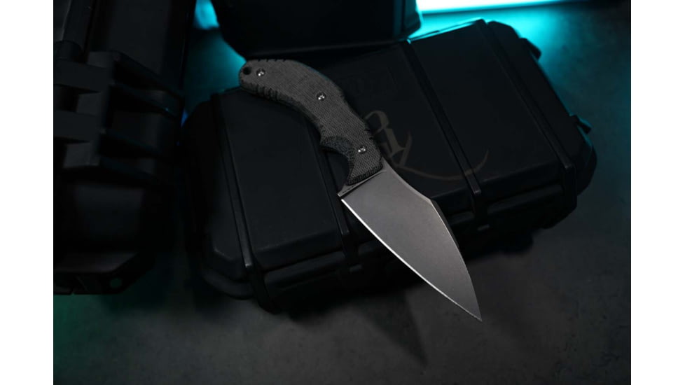 Bastinelli Creations The Foreigner Fixed Blade Knife, 7.38in Overall, 3.38in Stonewash Bohler M390 Stainless Steel Blade, Black Canvas Micarta Handle, Black Kydex Sheath, BC-34 SW