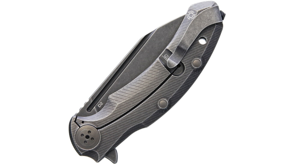 Bastinelli Creations Trigger Framelock Folding Knife, 4in Black Stonewash D2 Tool Steel Blade, Black Stonewash Titanium Handle, Glass Breaker, Pocket Clip, TRIGGER DARK STONE WASHED
