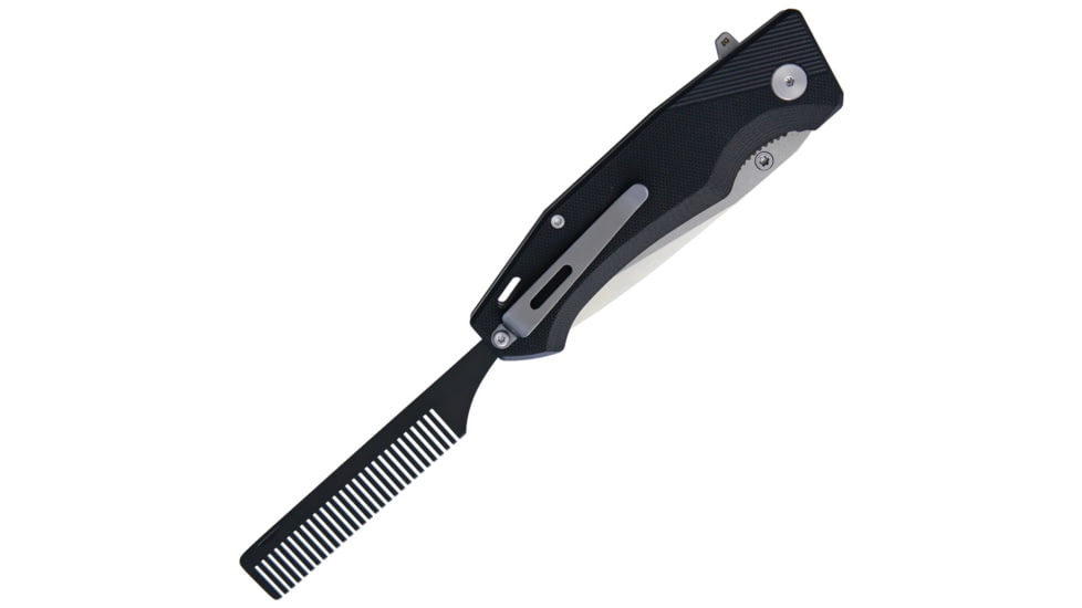 Bastion Linerlock with Folding Comb Folding Knife, 3.5in SS Tanto Blade, Black G10 Handle, Thumb Stud, Pocket Clip, Stonewash And Satin Blade, Black SS Folding Comb, Black, BSTN-G10-KNFCMB