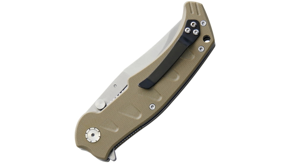 Bastion NIB Interchangeable Linerlock Folding Knife, 3.75in Satin 5Cr13Mov SS, Tan G10 Handle, Comes w/Three Interchangeable Blades Clip Point, Drop Point, Sawback Clip Point, Tan, BSTN-NIBKNF3-TAN