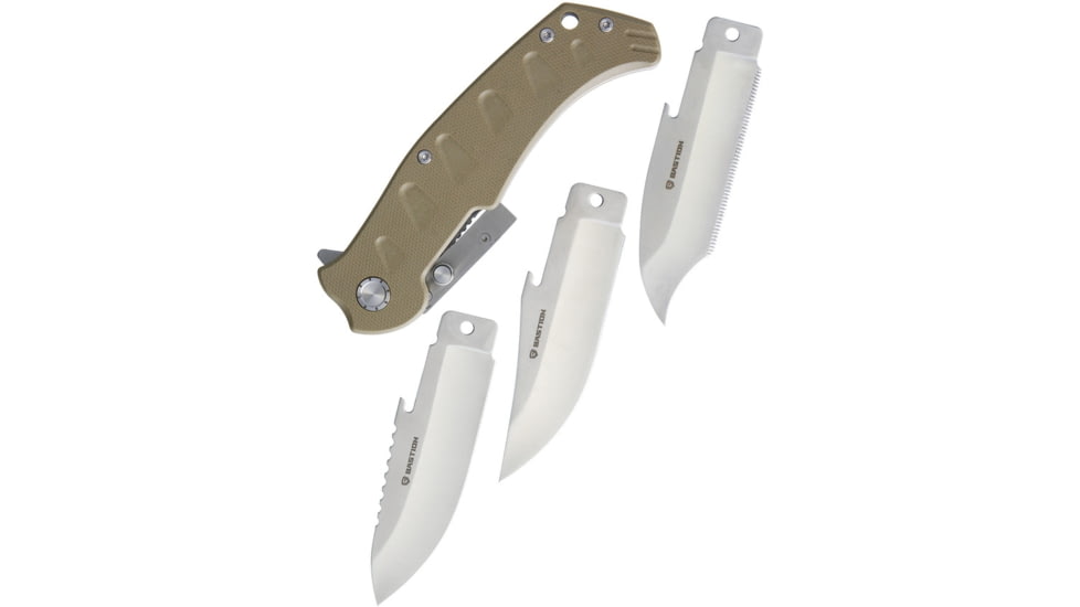 Bastion NIB Interchangeable Linerlock Folding Knife, 3.75in Satin 5Cr13Mov SS, Tan G10 Handle, Comes w/Three Interchangeable Blades Clip Point, Drop Point, Sawback Clip Point, Tan, BSTN-NIBKNF3-TAN