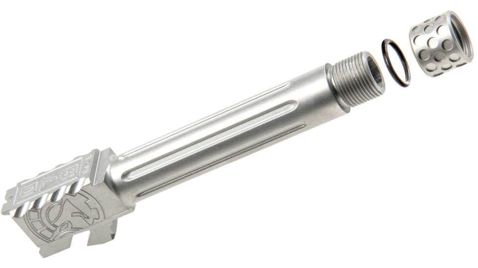 Battle Arms Development One Threaded/Fluted Barrel, Glock 19, 1 2x28, 1/10 Twist, Straight Flute, SABERTUBE Thread Protector, 416R Steel, Stainless Steel, BAD-BBLG19SSFT