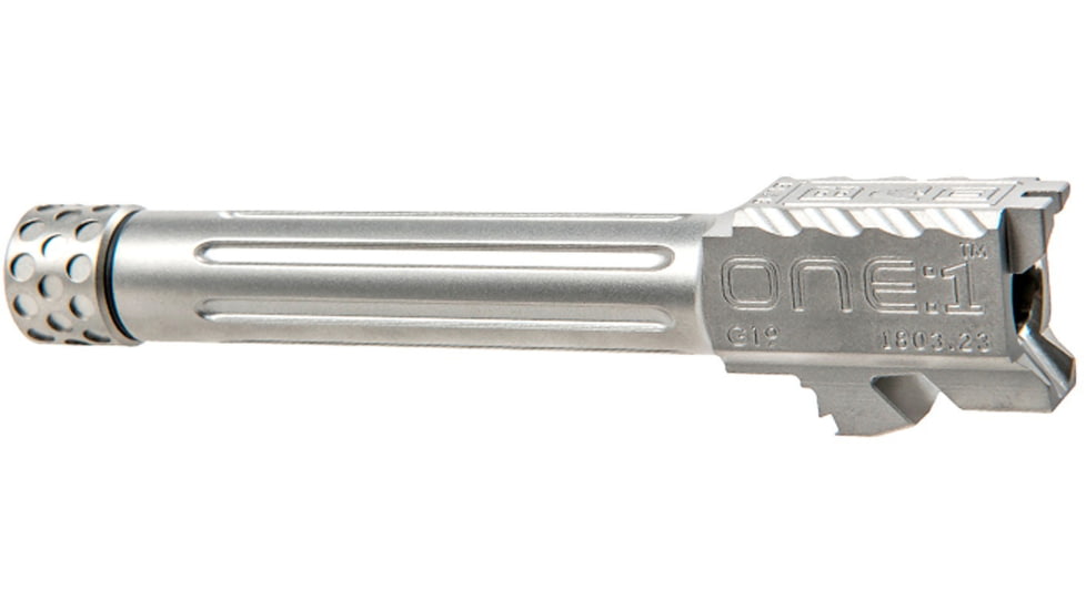 Battle Arms Development One Threaded/Fluted Barrel, Glock 19, 1 2x28, 1/10 Twist, Straight Flute, SABERTUBE Thread Protector, 416R Steel, Stainless Steel, BAD-BBLG19SSFT