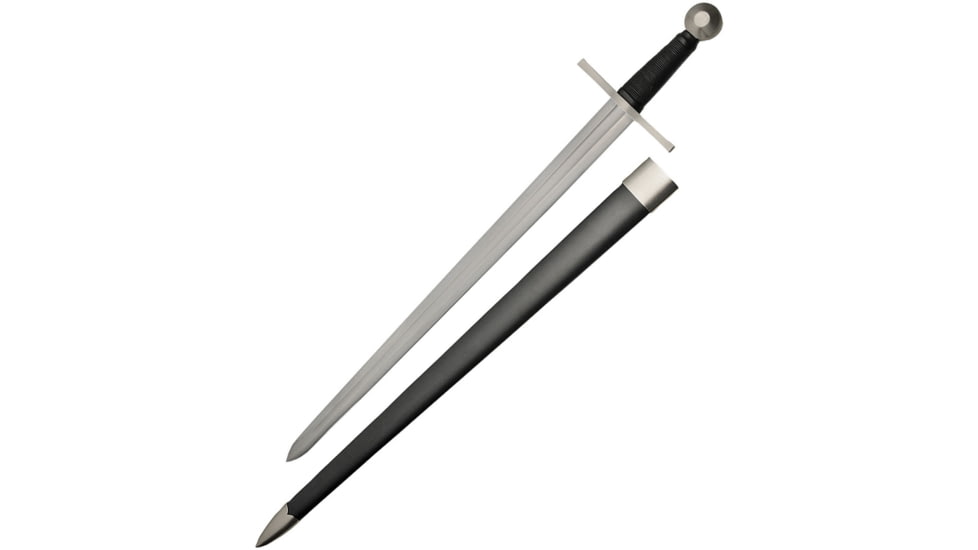 Battle Tested Broad Sword, 36.75in Overall, 29.5in Satin Double Edge Carbon Steel Blade, Black Cord Wrapped Handle, SS Guard And Pommel, Black Synthetic Scabbard, Black, BT2701