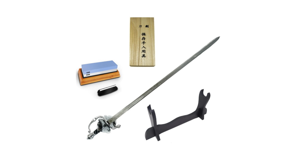 Battling Blades Leaf Rapier Bundle- Damascus Steel Rapier Sword- Maintenance Kit- Sword Sharpener- Sword Stand, 7272942141612
