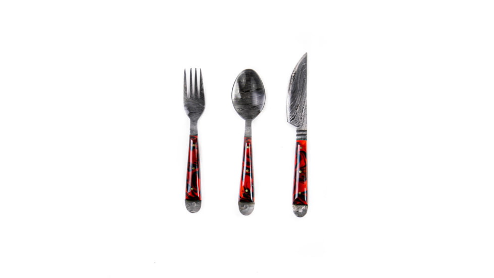 Battling Blades Micarta 2 High Carbon Damascus Steel Fork Spoon And Knife Silverware Set, Red, 6564918329516