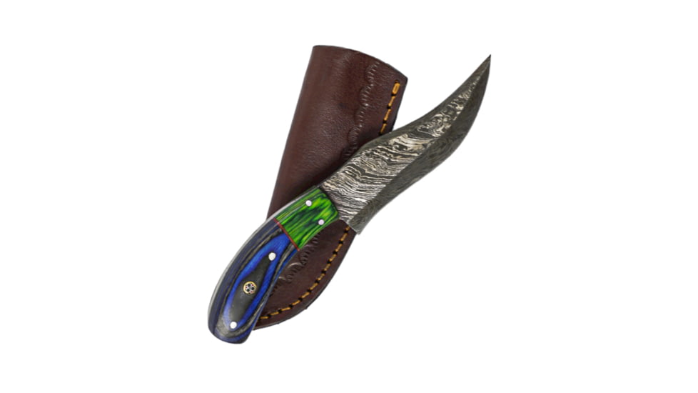 Battling Blades Skinning Skinner Knife, High Carbon Damascus Steel Blade, Blue/Green, 7520571457708