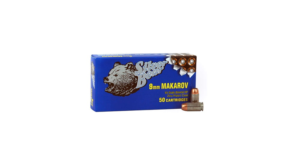 Bear Ammunition Silver Bear 9x18 Makarov 94gr. Jhp Zinc Plated Case 50-pk