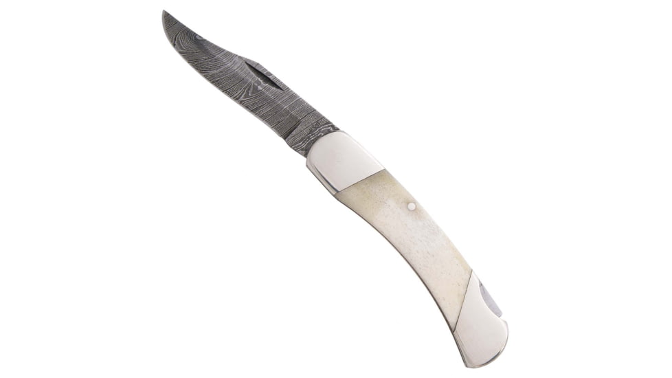 Bear and Son Knives Midsize Lockback Folding Knife, 2.75in, Damascus Steel, White Smooth Bone Handle, WSB05D