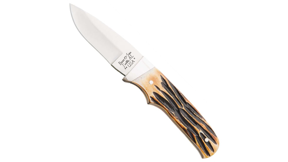 Bear and Son Knives Skinner Fixed Blade Knife, 2.88in, 440 Stainless Steel, Skinner, Genuine India Stag Bone Handle w/ Leather Sheath, 548