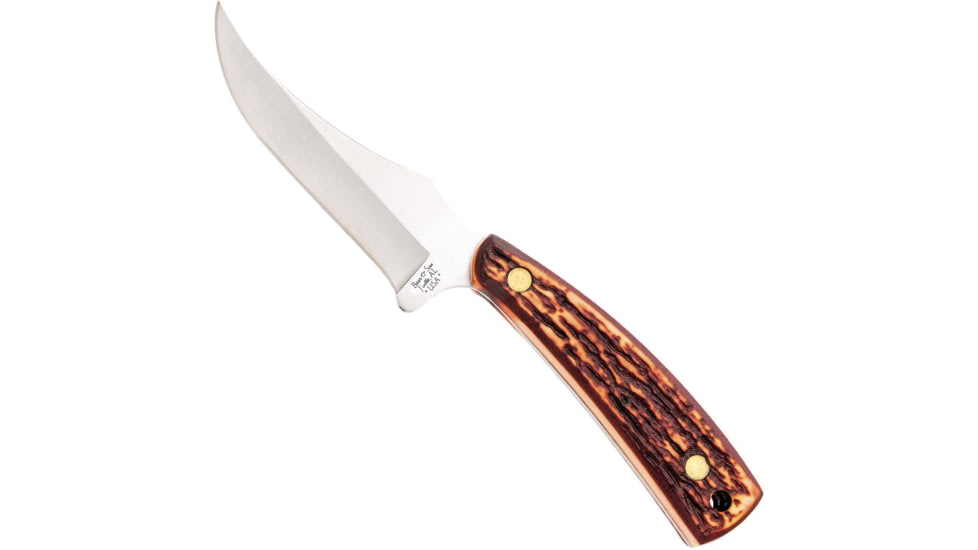 Bear and Son Knives Upswept Skinner Fixed Blade Knife, 3.13in, 440 Stainless Steel, Skinner, Stag Delrin Handle w/ Leather Sheath, 753