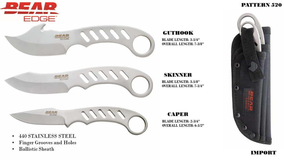 Bear Edge 3-Piece Game Set Fixed Blade Knives, 3.25in/3.13in/2.75in, 440 Stainless Steel, 61520