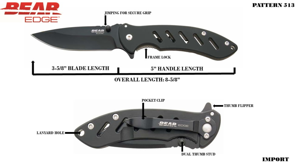Bear Edge Brisk 1.0 Folding Knife, 3.63in, 440 Stainless Steel, Stainless Steel w/Soft Touch Coating Handle, Black, 61513