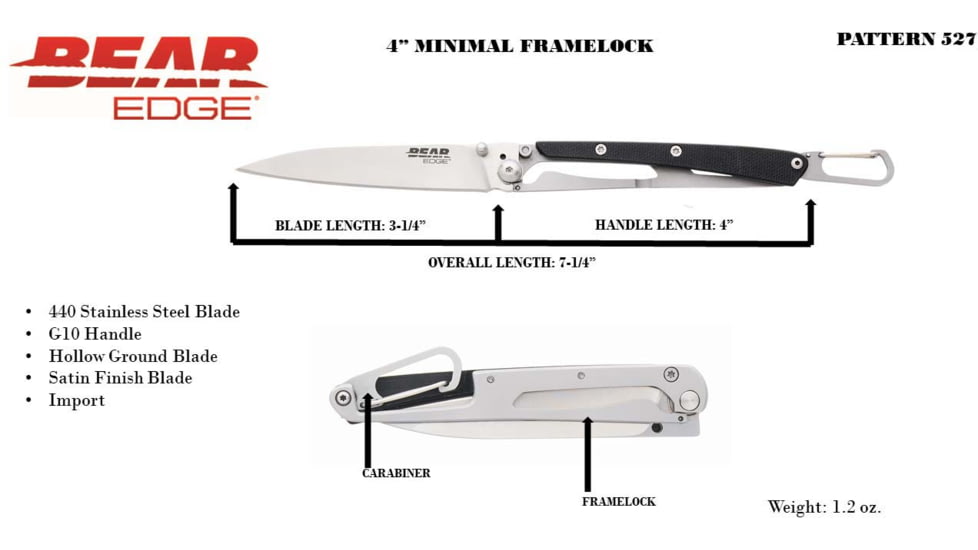 Bear Edge Minimal Framelock Folding Knife, 3.25in, 440 Stainless Steel, Stainless Steel Handle, 61527