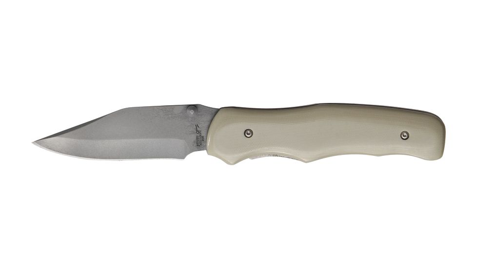 Bear Ops Manual Control Fold Knife, SS modified clip Point Blade, Polished desert tan G-10 Handle BC32006