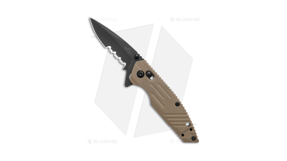 Bear OPS Mini Rancor IX Slide Folding Knife, 2.50in, D2, Drop Point Blade, Zytel Tan Handle, Serr, Black/Tan, 6.00in, BHQ-188291