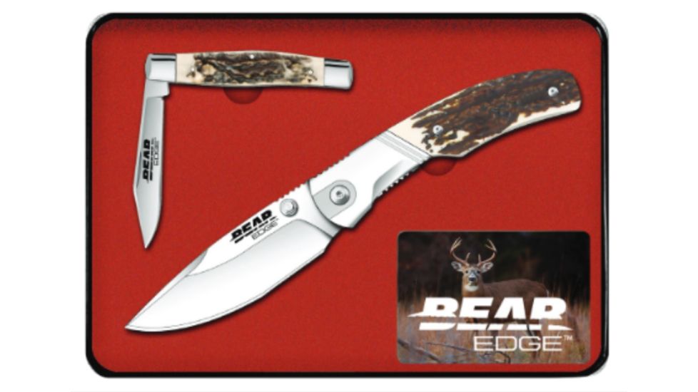 Bear &amp; Son Cutlery 2 Piece Tin Set of Folding Knives with Stag Delrin Handle, 420 SS Blades, 4in and 2.85in Closed Blade, 71560