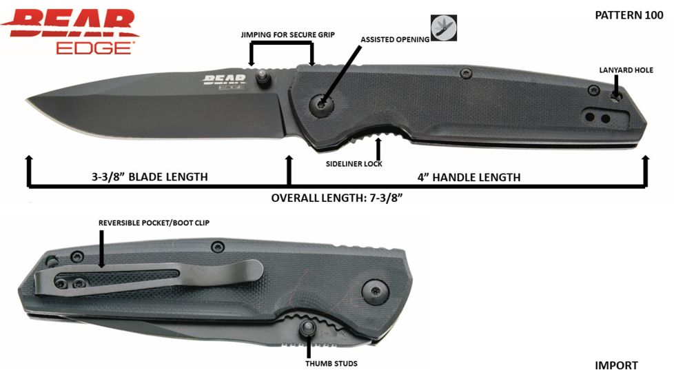 Bear &amp; Son Cutlery 4 1/2 Black G10 Assisted Sideliner - 61100