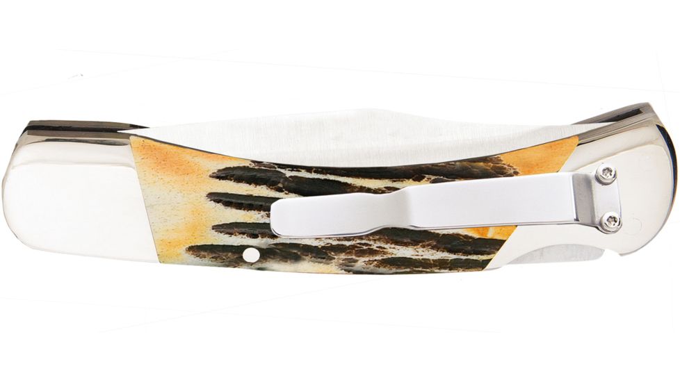 Bear &amp; Son Cutlery 5 Genuine India Stag Bone Automatic Lockback With Metal Belt Clip &amp; Leather Sheath - 5A97