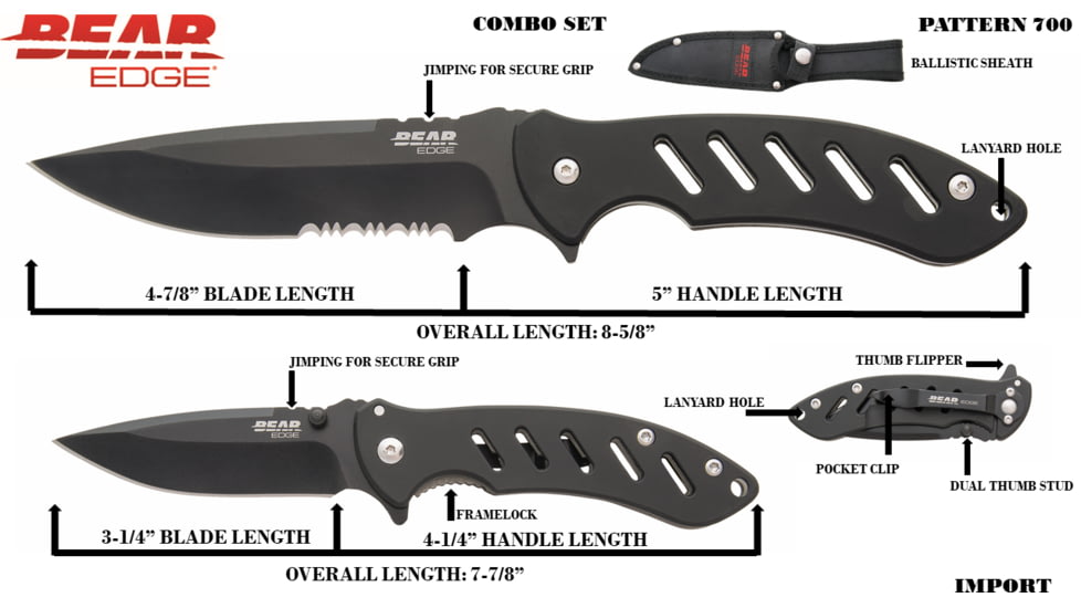 Bear &amp; Son Cutlery Brisk 1.0 Comb Set 4 1/16 Black Folder &amp; 9 3/4 Black Fixed Blade - 71700