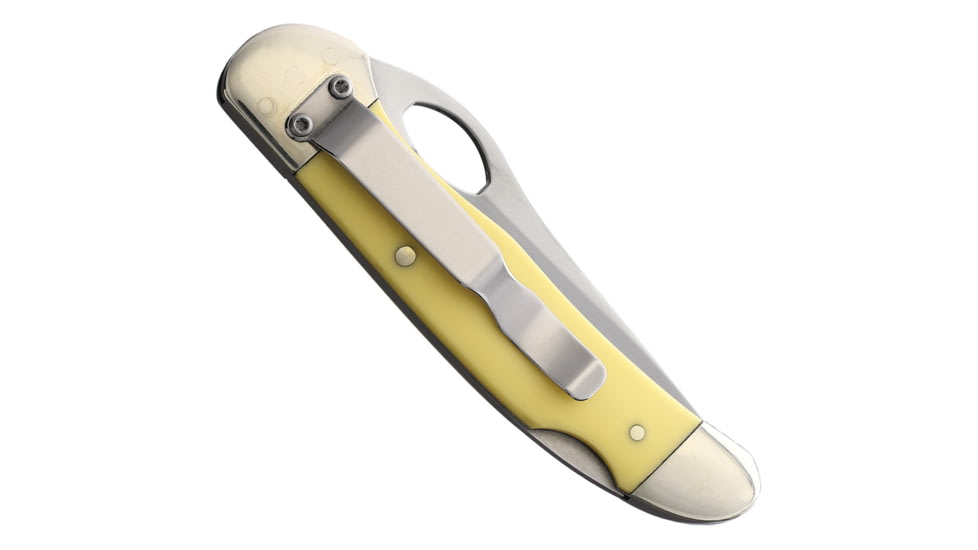 Bear &amp; Son Cutlery Yellow Delrin Locking Cowhand Folding Knife, 4.25in Closed, 3.25in, 1095 Carbon Steel, Satin Blade, Yellow Delrin Handle, C3150L
