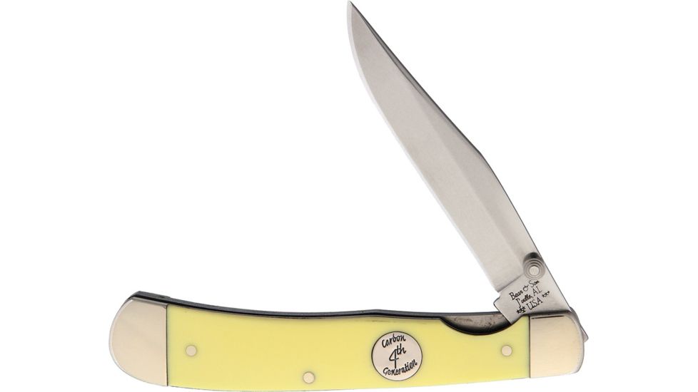 Bear &amp; Son Cutlery Locking Bear Rancher Fixed Blade Knife, 3.25in, 1095 Carbon Steel, Clip Point, Yellow, Delrin Handle BCC3154L
