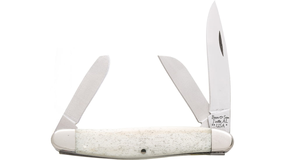 Bear &amp; Son Cutlery Stockman White Smooth Bone Folding Knife, Satin 440 SS Clip, Sheepsfoot, Spey Blades, White Smooth Bone Handle, WSB18