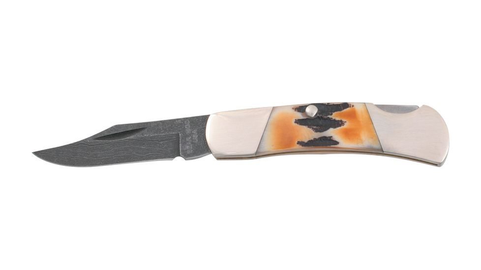 Bear &amp; Son Executive Lockback Fold Knife, Damascus Steel clip Blade, India Stag Bone Handle BC526D