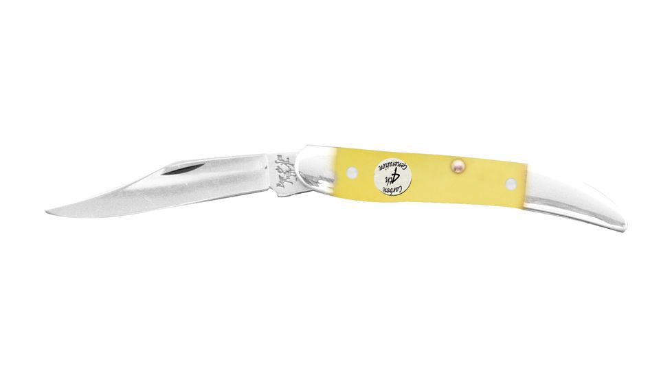Bear &amp; Son Little Toothpick Fold Knife, High-polished 1095 Carbon Steel long clip Blade, Smooth yellow delrin Handle BCC31931