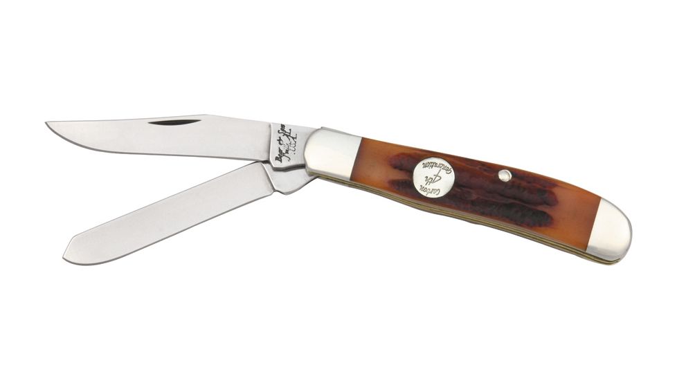 Bear &amp; Son Mini Trapper Fold Knife, HI Polish SS clip and spey Blades, Red Stag Bone Handle BCCRSB07
