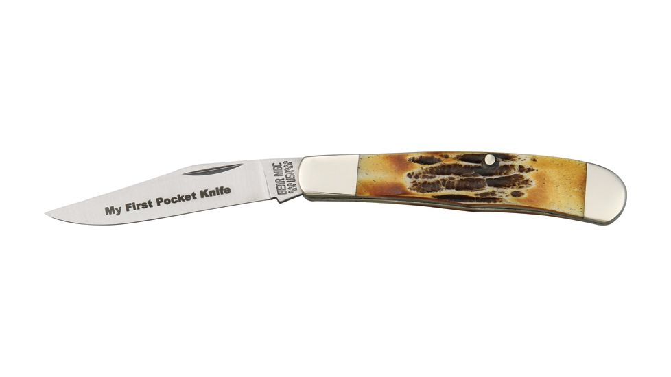 Bear &amp; Son My First Pocket Fold Knife, unsharpened SS clip blad, India Stag Bone Handle BC515412