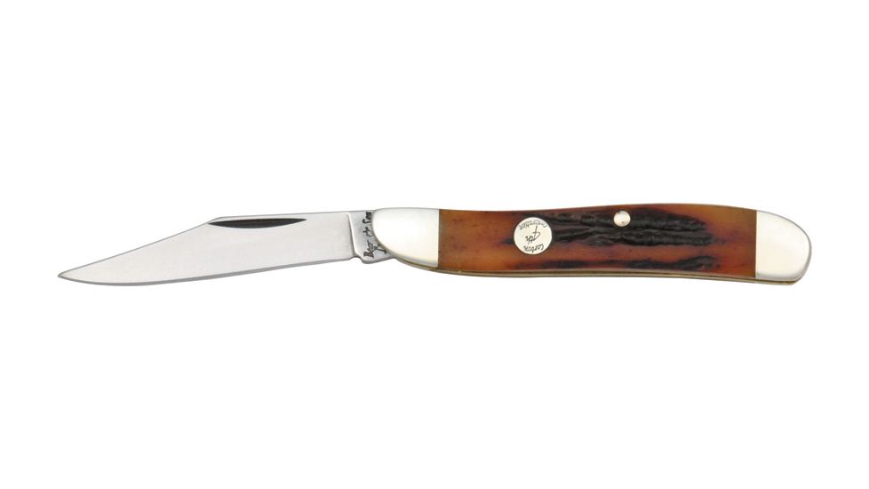 Bear &amp; Son Peanut Fold Knife, High-polished 1095 Carbon Steel clip Blade, Red Stag Bone Handle BCCRSB19