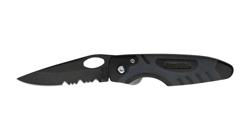 Bear &amp; Son Sideliner Fold Knife, black finish partially serrated SS Blade, Black Zytel and black Kraton handl BC7404TSR