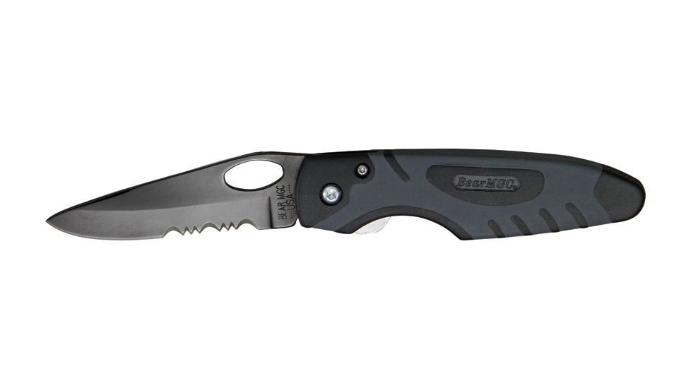Bear &amp; Son Sideliner Fold Knife, black titanium coated partially serrated Blade, Black Zytel and black Kraton Handle BC7410TSR