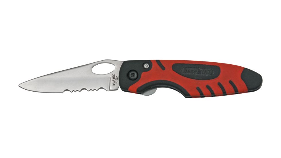Bear &amp; Son Sideliner Fold Knife, SS partially serrated Blade, Black Zytel and red Kraton Handle BC7404RSR