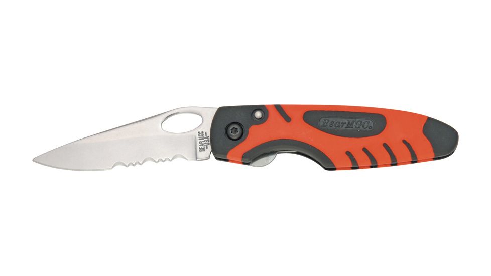 Bear &amp; Son Sideliner Fold Knife, SS partially serrated Blade, Black Zytel and red Kraton Handle BC7404SR