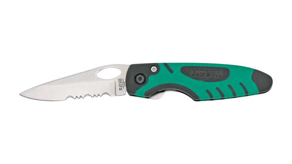Bear &amp; Son Sideliner Green &amp; Black Fold Knife, SS partially serrated edge Blade, Black Zytel and Racing Green Kraton Handle BC7404GSR