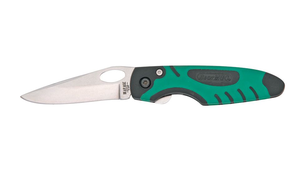 Bear &amp; Son Sideliner Green &amp; Black Fold Knife, SS standard edge Blade, Black Zytel and Racing Green Kraton Handle BC7404G