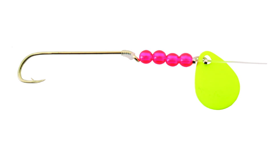 BearPaw Flicker Snelled Hook, Long Shank, 8in Mono, Gold Fluorescent Yellow Spinner, Size 2, 6 per Pack, FYLS-2